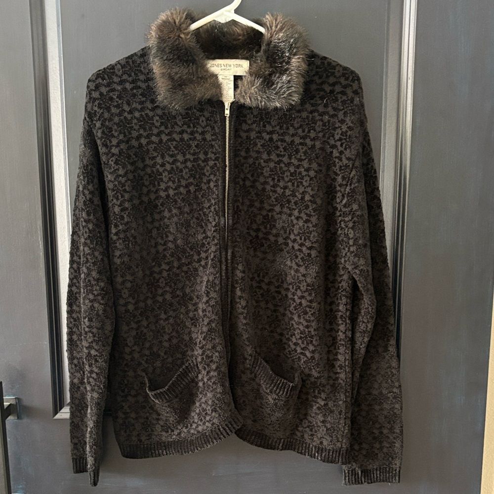 Jones New York Black Jacket Sweater with Faux Fur Trim Full Zip Medium